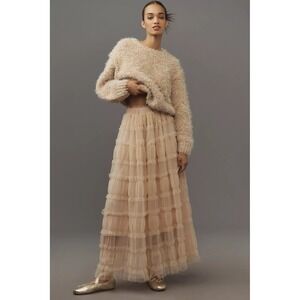 Anthropologie Shirred Tulle Maxi Skirt Pink Tiered Ruffle 1X 4120957990051